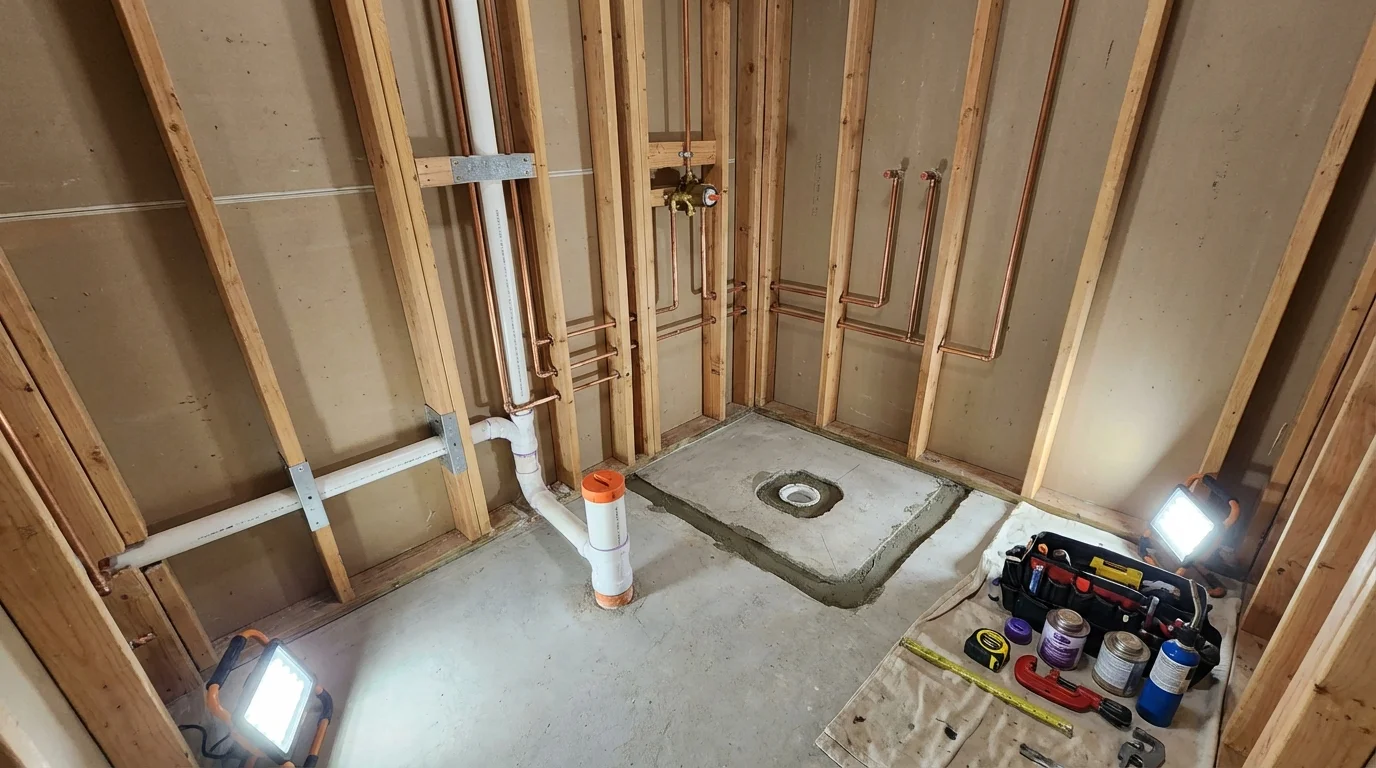 Bathroom rough-in plumbing during remodel by Johns Plumbing LLC in Deer Park