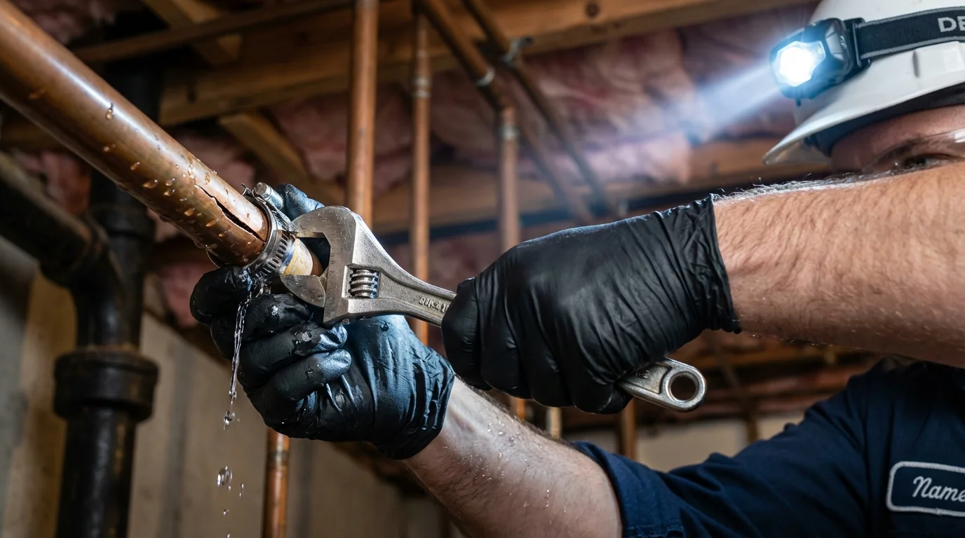Emergency pipe clamp repair being performed by a Johns Plumbing LLC plumber in Deer Park