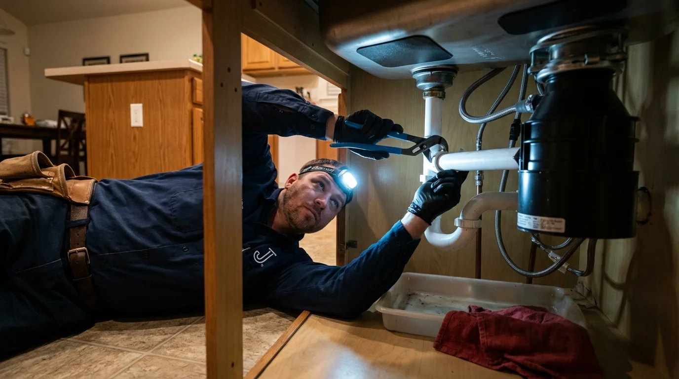 P-trap and supply line connections under a kitchen sink showing a common leak point in Deer Park, TX